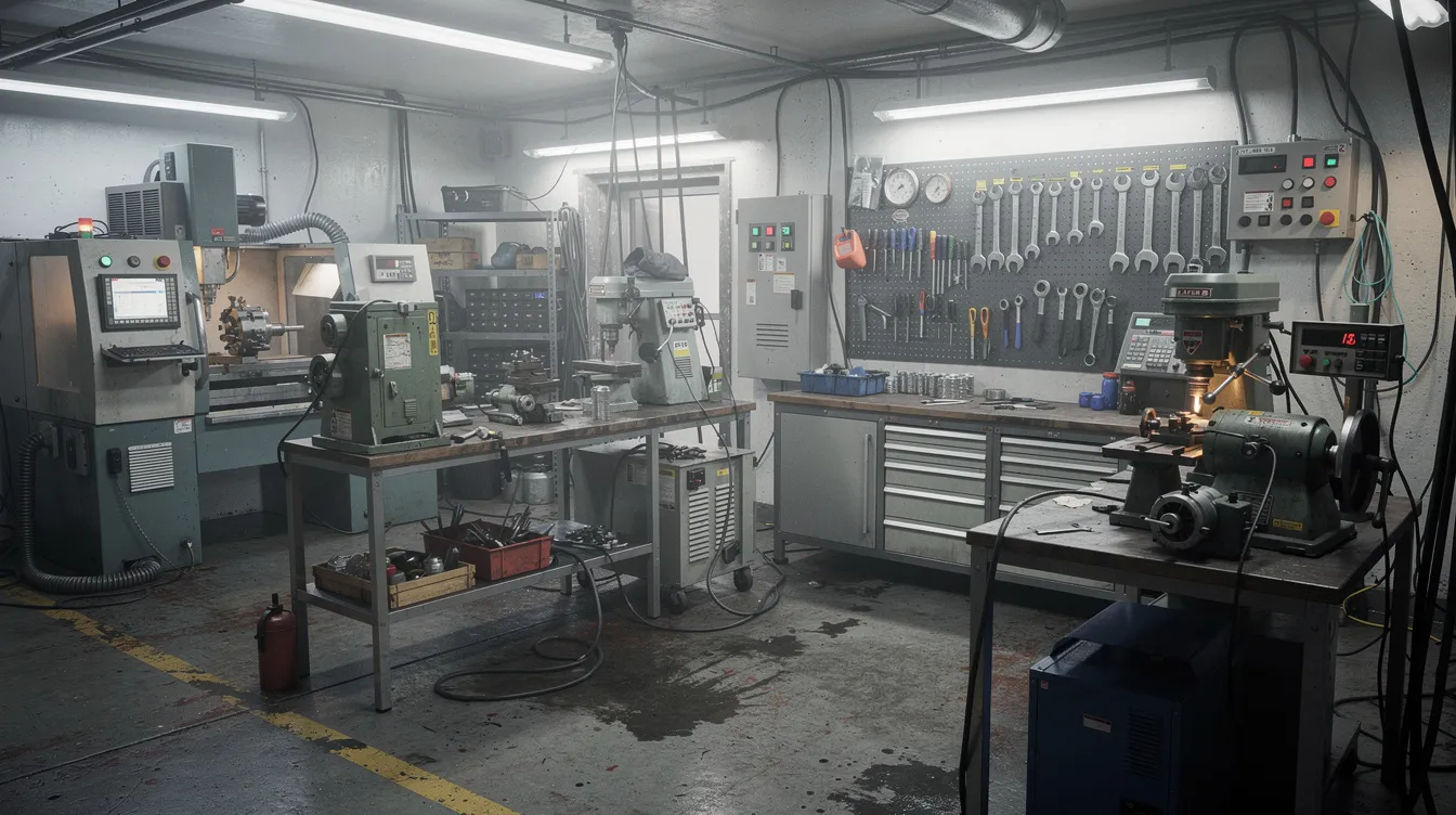 3f659606 413d 4c9e 9262 ab4127deb02c The image depicts a small manufacturing workshop filled with various industrial machinery and equipment, showcasing the commercial manufacturing processes at work. This setting highlights the importance of a detailed project report and financial documents for business owners seeking a mudra loan or bank loan to support their micro enterprises.