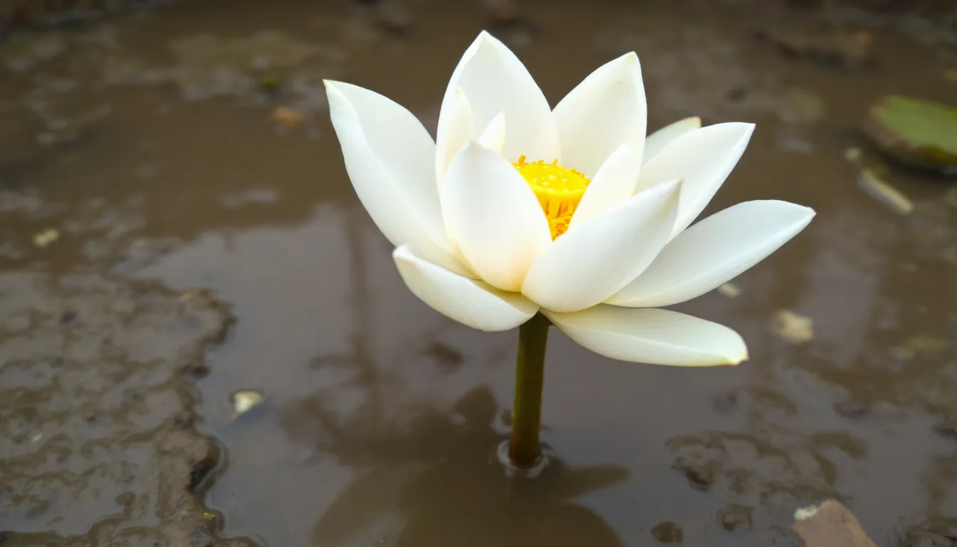 A beautiful lotus flower emerges from muddy water, showcasing its pristine blossoms and vibrant colors, symbolizing hope and resilience in nature. This single flower serves as a lovely reminder that even in the toughest conditions, life can bloom, turning toward the light.