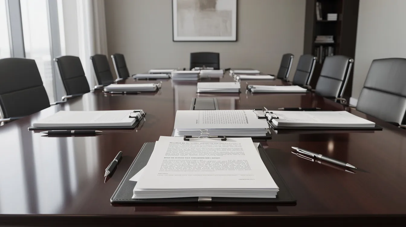 The image depicts a sleek conference room with a polished table covered in legal documents, illuminated by natural light streaming through a window. This professional setting suggests discussions surrounding medical malpractice cases, potentially involving hospital acquired infections and the legal processes to address them.
