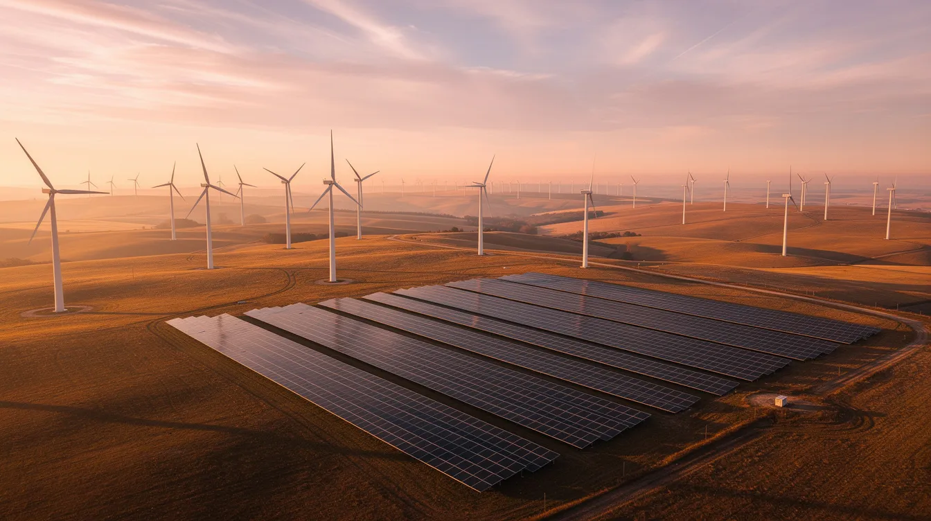 An expansive aerial view captures numerous wind turbines and solar panels scattered across open plains, bathed in the warm glow of golden hour. This scene highlights the growing prominence of renewable energy projects in the energy sector, showcasing the shift towards sustainable power generation.