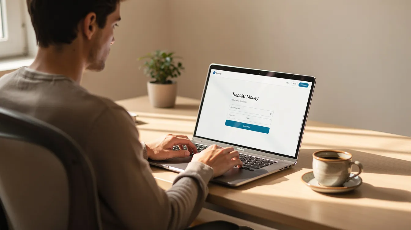 A person is seated at a home office desk, using a laptop to send an online money transfer, with a coffee cup placed nearby. The scene conveys a sense of comfort and efficiency as they manage their transaction, possibly involving the syndicate bank for sending money abroad.
