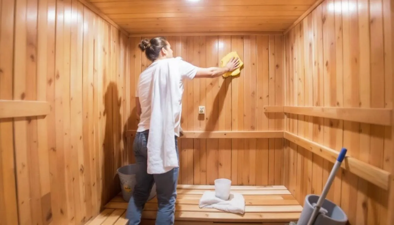 The image depicts a well-maintained sauna room featuring wooden benches and a sauna heater, emphasizing the importance of sauna maintenance. Essential items like a water bucket and cleaning tools are visible, highlighting tasks such as occasionally wet mopping and using a liquid deodorizing cleaner to keep surfaces in top shape and prevent mold development.