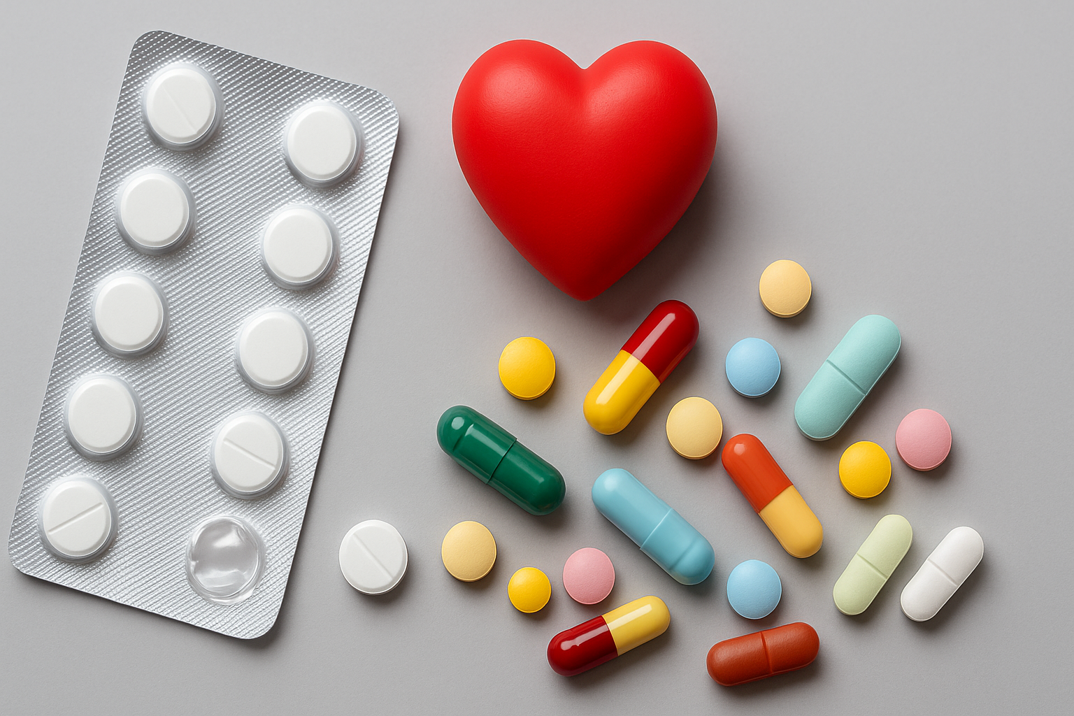 Rødt hjerte og piller – medisinbruk og bivirkninger.