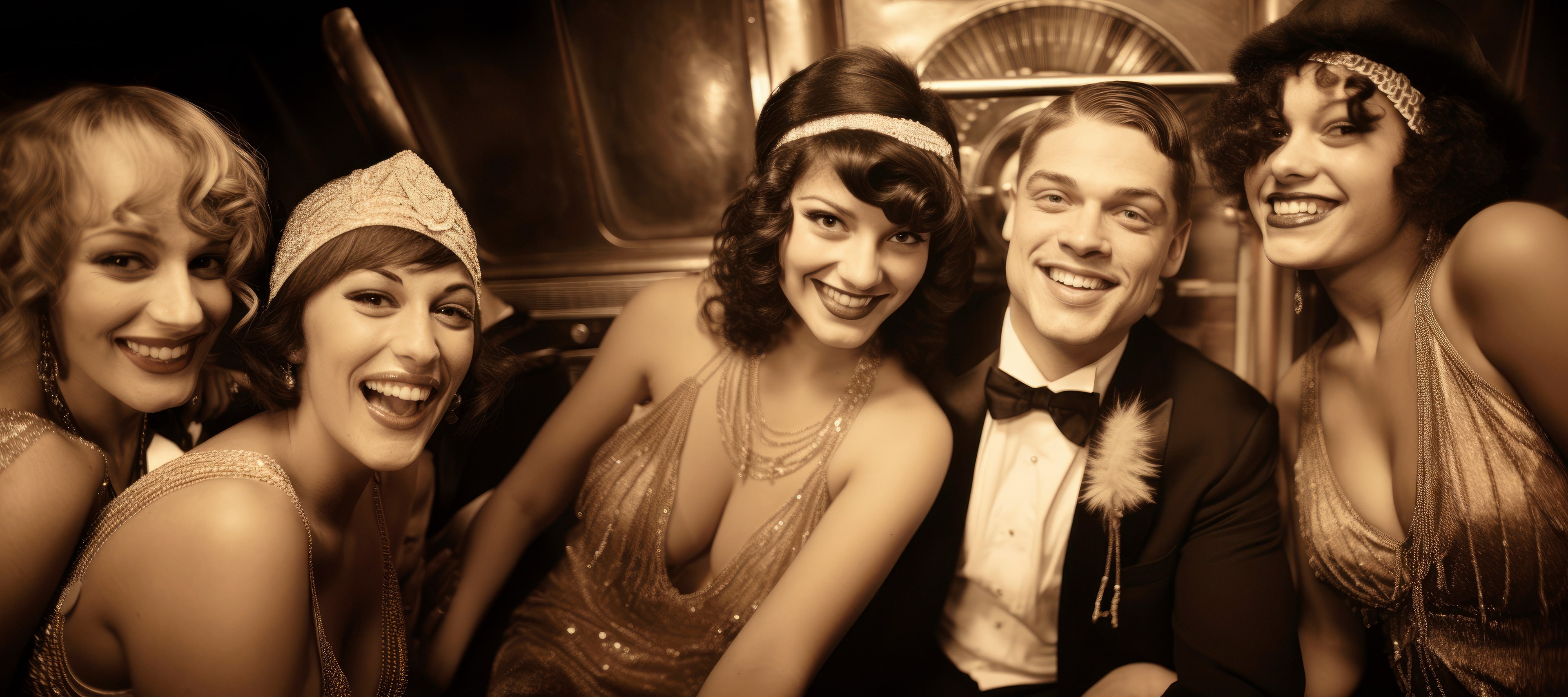 a group of friends dressed in flapper dresses and tuxedos at a roaring twenties themed party