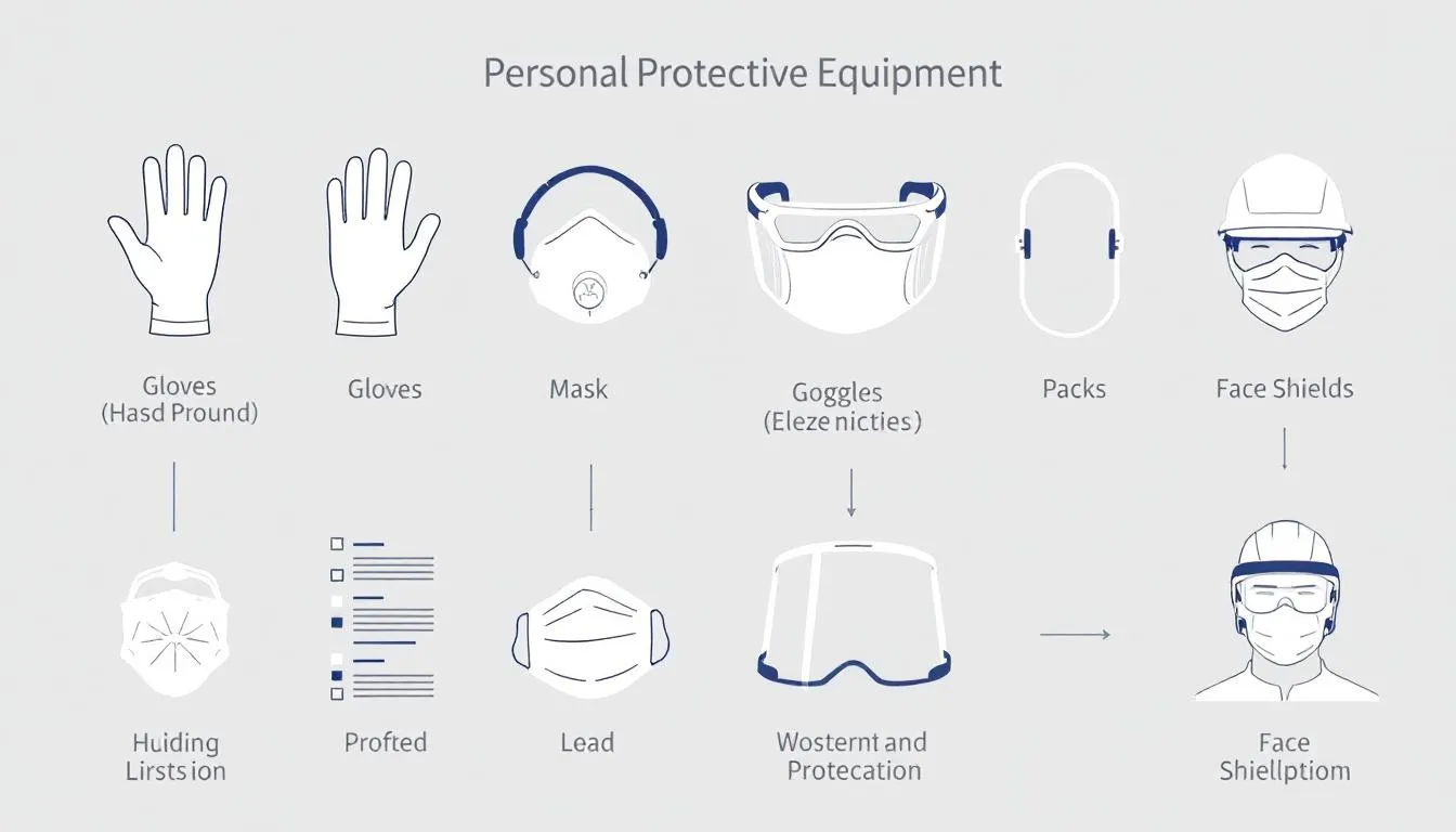 An illustration showing various types of PPE including gloves and masks.
