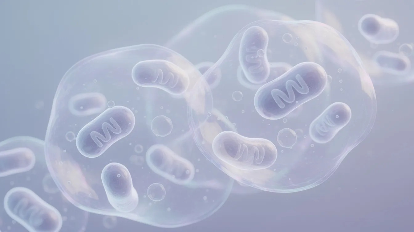 The image features an abstract visualization of cellular structures and mitochondria, depicted in soft blue and purple tones, symbolizing the intricate processes of energy production and cell metabolism. This artistic representation evokes themes of metabolic health and the potential benefits of NMN supplementation for improving insulin sensitivity and supporting overall vitality.