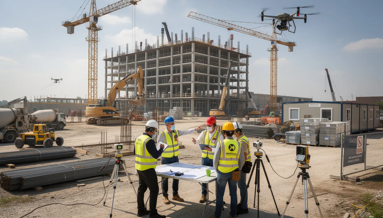 The image depicts a modern construction site bustling with activity, featuring advanced equipment and workers collaborating effectively to coordinate various tasks. This scene highlights the integration of AI technologies in the construction industry, enhancing project management and safety monitoring on-site.