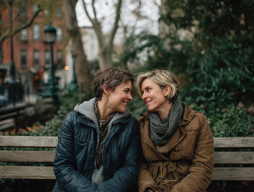 Lesbian couple sitting closely together in a Manhattan park, showing warmth, intimacy, and emotional connection.