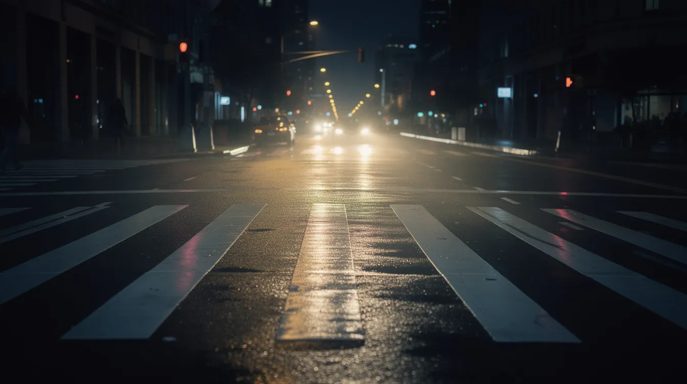 A dimly lit city street at night showcases vehicle headlights casting light on a crosswalk, highlighting the importance of pedestrian safety. This scene serves as a reminder of the potential risks pedestrians face, including serious injuries from accidents involving vehicles, underscoring the need for experienced pedestrian accident attorneys in Colorado Springs.