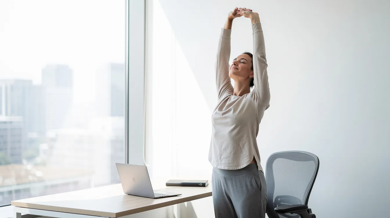 An individual is seen stretching and taking deep breaths by a bright window in a modern office, exuding calmness and intentionality, which highlights the importance of managing stress and promoting mental health in the workplace. This scene reflects proactive steps towards overcoming burnout and fostering a healthy work-life balance.