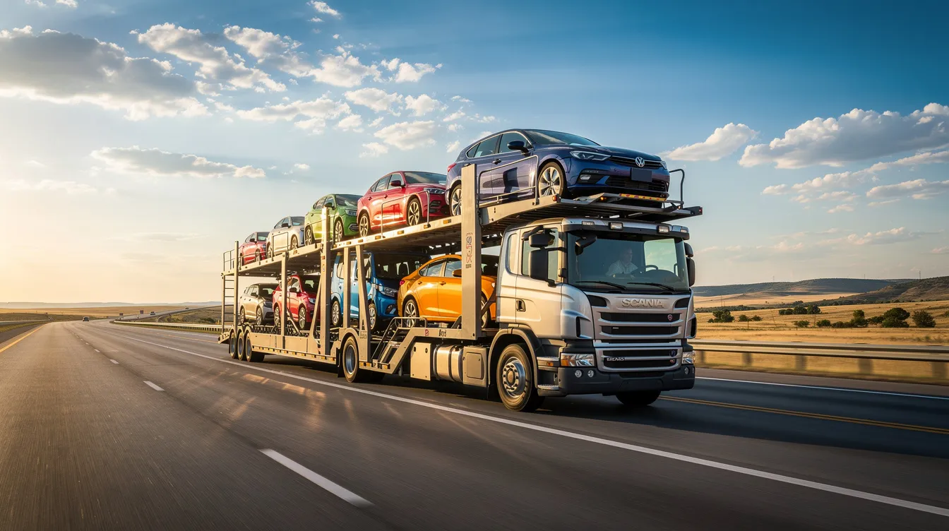 A large car carrier truck is driving on an open interstate highway, loaded with multiple vehicles, showcasing the efficiency of cross country car transport services. This scene highlights the auto transport industry, emphasizing the importance of reliable car shipping for transporting vehicles across the country.