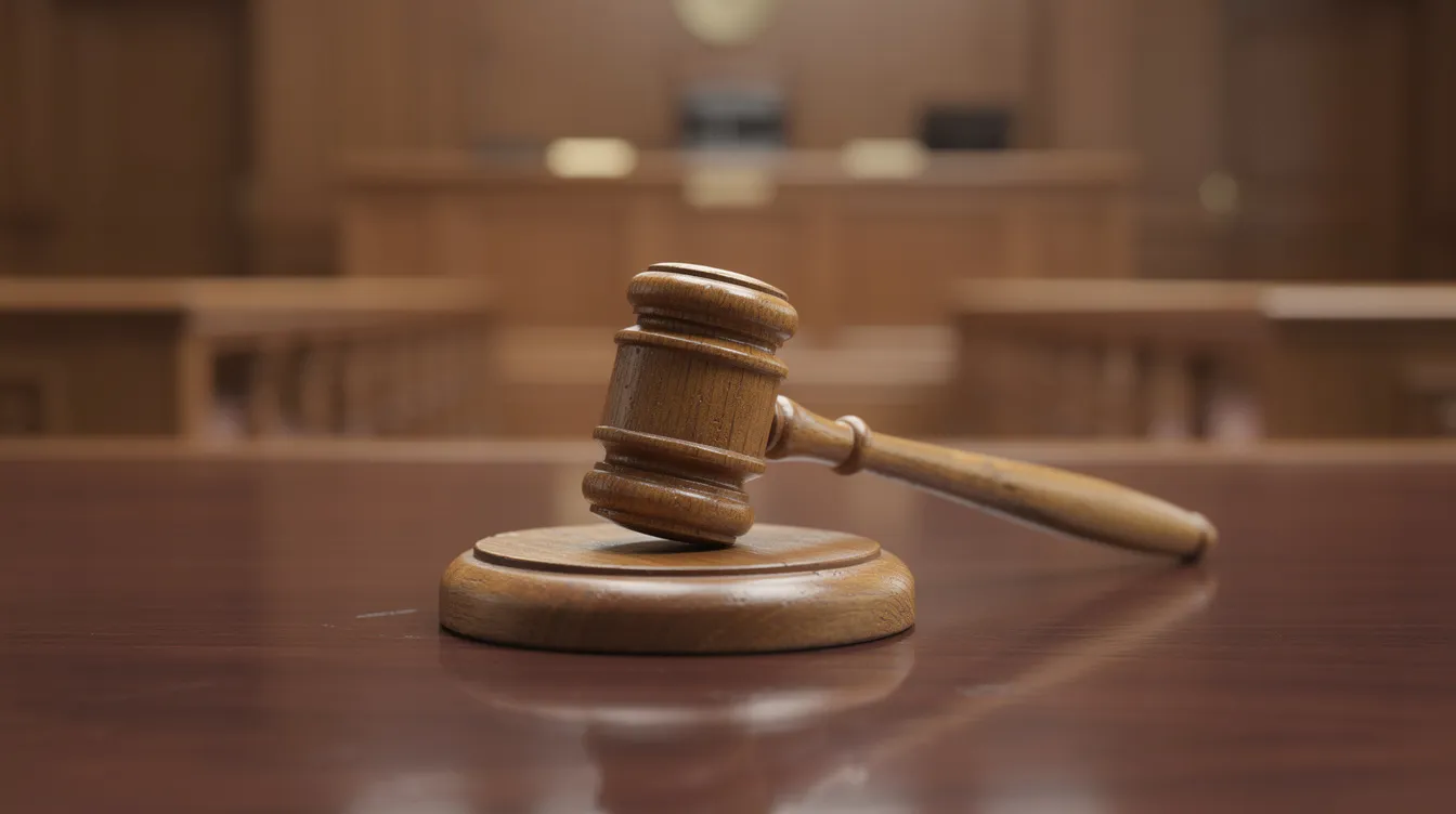 The image shows a wooden judge's gavel resting on a courtroom desk, symbolizing the authority of the law and the judicial system. This setting is where important decisions regarding firearms laws, such as New Jersey's strict regulations on gun ownership and the licensing authority, are made.