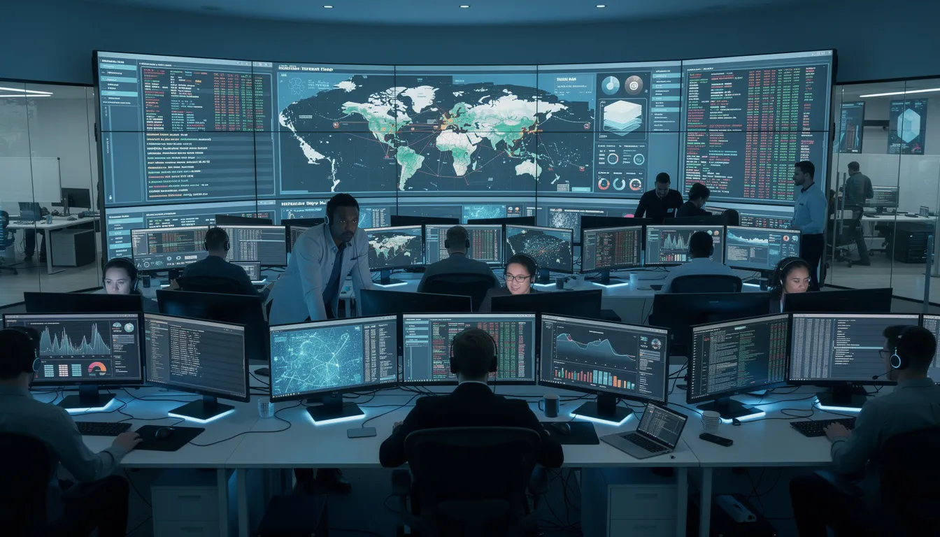 The image depicts a modern security operations center featuring multiple monitors that display various data visualizations related to network security and cyber threats. Security professionals and incident response teams analyze this information to detect threats, manage security incidents, and protect sensitive data against potential cyber attacks.
