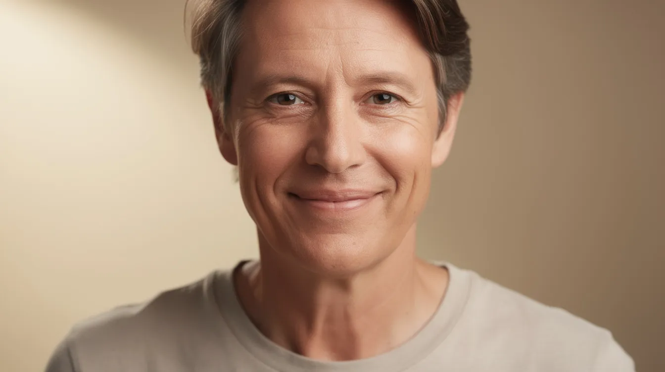 The image depicts a middle-aged person with a relaxed and natural facial expression, showcasing their upper eyelids. This portrait highlights the results of upper eyelid surgery, emphasizing a refreshed appearance and a natural upper eyelid crease, suggesting the positive effects of the procedure.