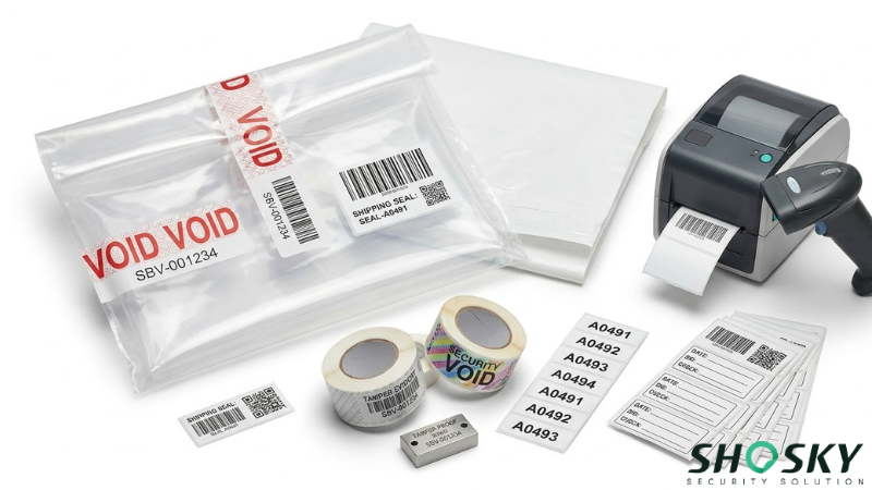 tamper-evident security bags displayed with void tape, and labels