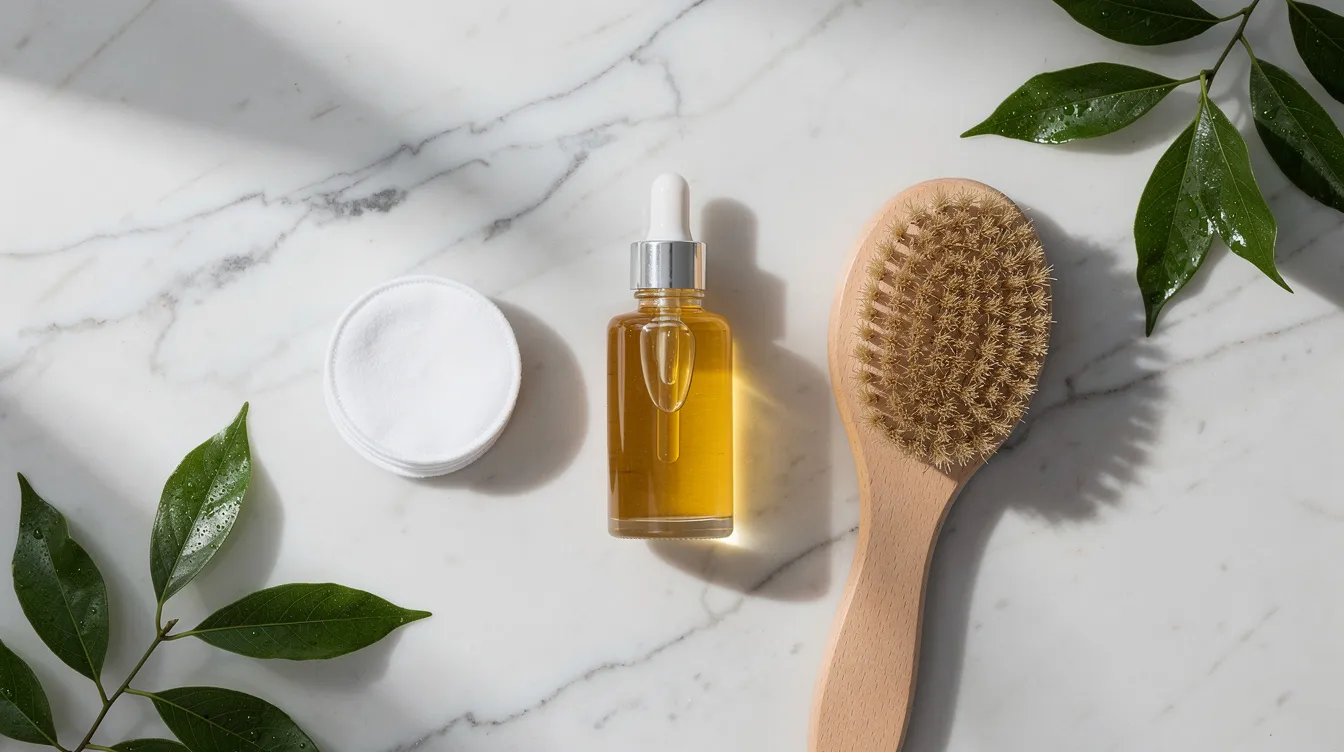 A flat lay arrangement showcases natural beauty items, featuring a glass bottle of organic castor oil, cotton pads, a wooden brush, and fresh green leaves, all set against a sleek marble surface. This composition highlights the essence of skin and hair care, emphasizing the benefits of using cold pressed castor oil for healthier hair and glowing skin.