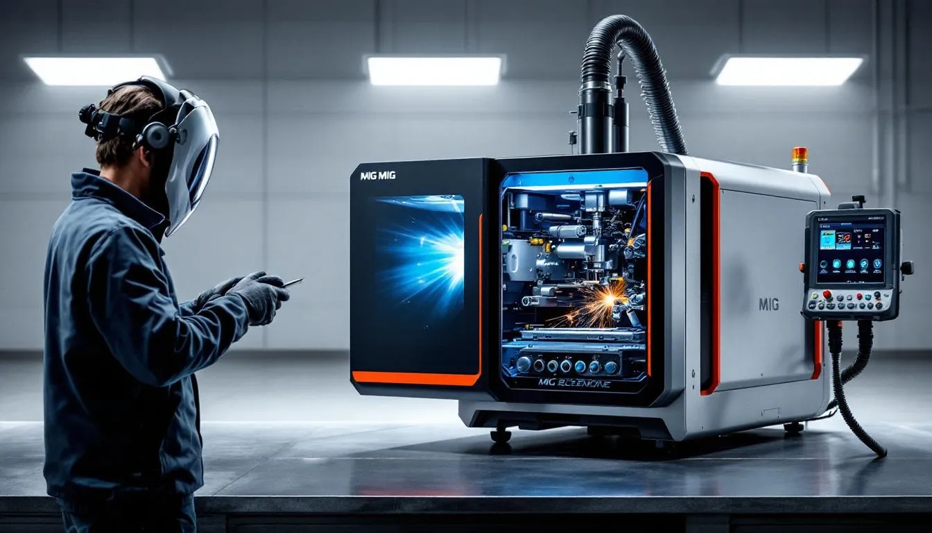 Routine maintenance of a MIG welding machine being performed.