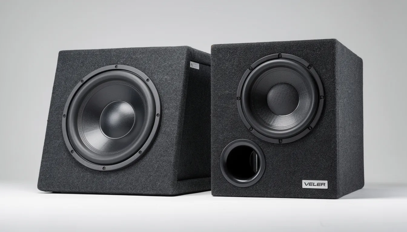 The image shows two car subwoofer enclosures positioned side by side: one is a sealed box designed for sound quality, while the other is a ported box featuring a visible port tube for enhanced bass performance. These enclosures are essential components of a car audio system, each capable of delivering powerful sound output with different characteristics.