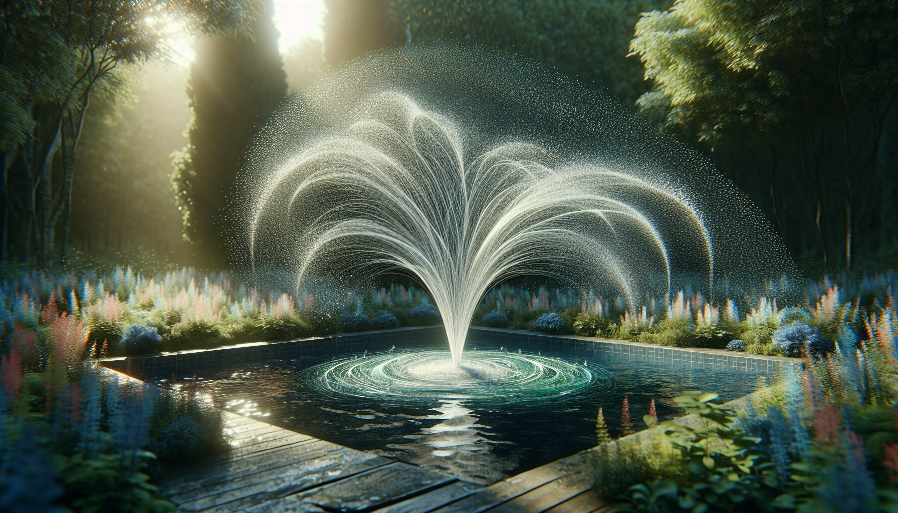 Artistic depiction of a floating pond fountain with captivating spray patterns