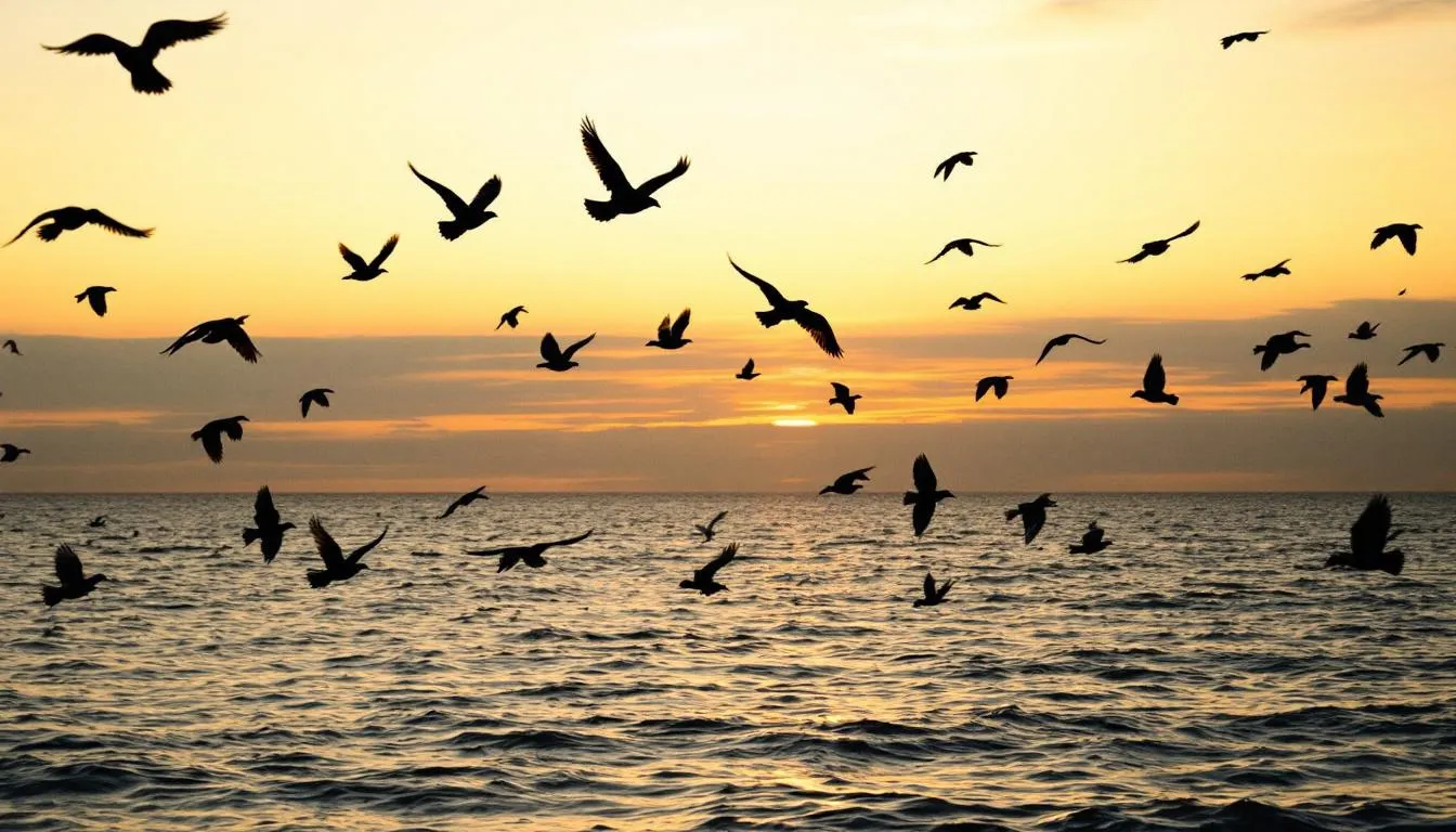 The image captures a stunning sunset over the Gulf waters, with the silhouettes of native birds gracefully flying across the sky. This serene scene reflects the natural beauty of Sanibel, a perfect backdrop for exploring Sanibel Bayous real estate.