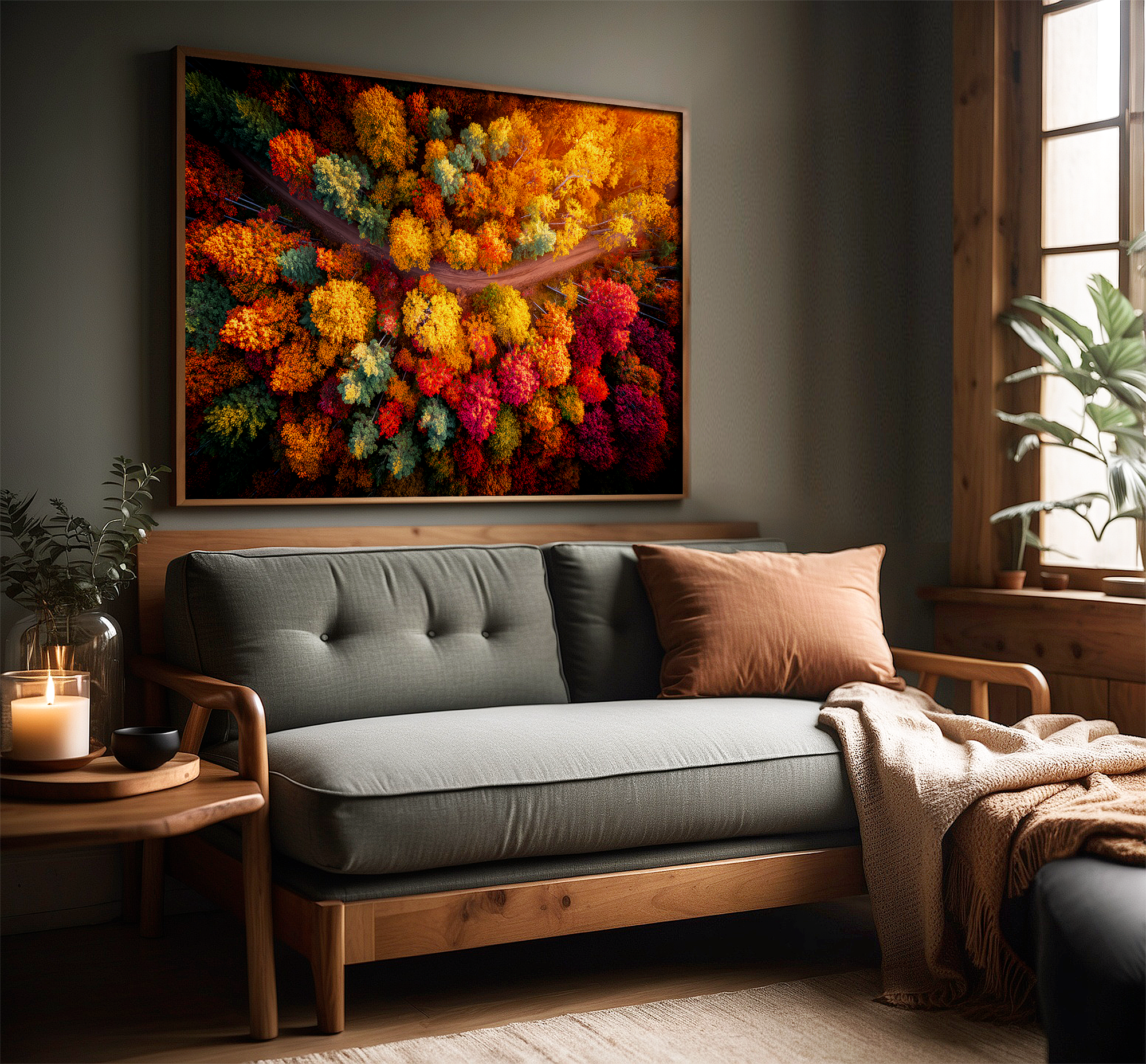 Autumn forest wall art print styled in a calm neutral interior