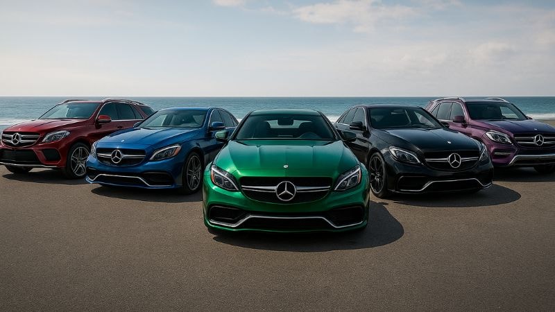 Different models of Mercedes wrapped in different metallic colors of vinyl wrap