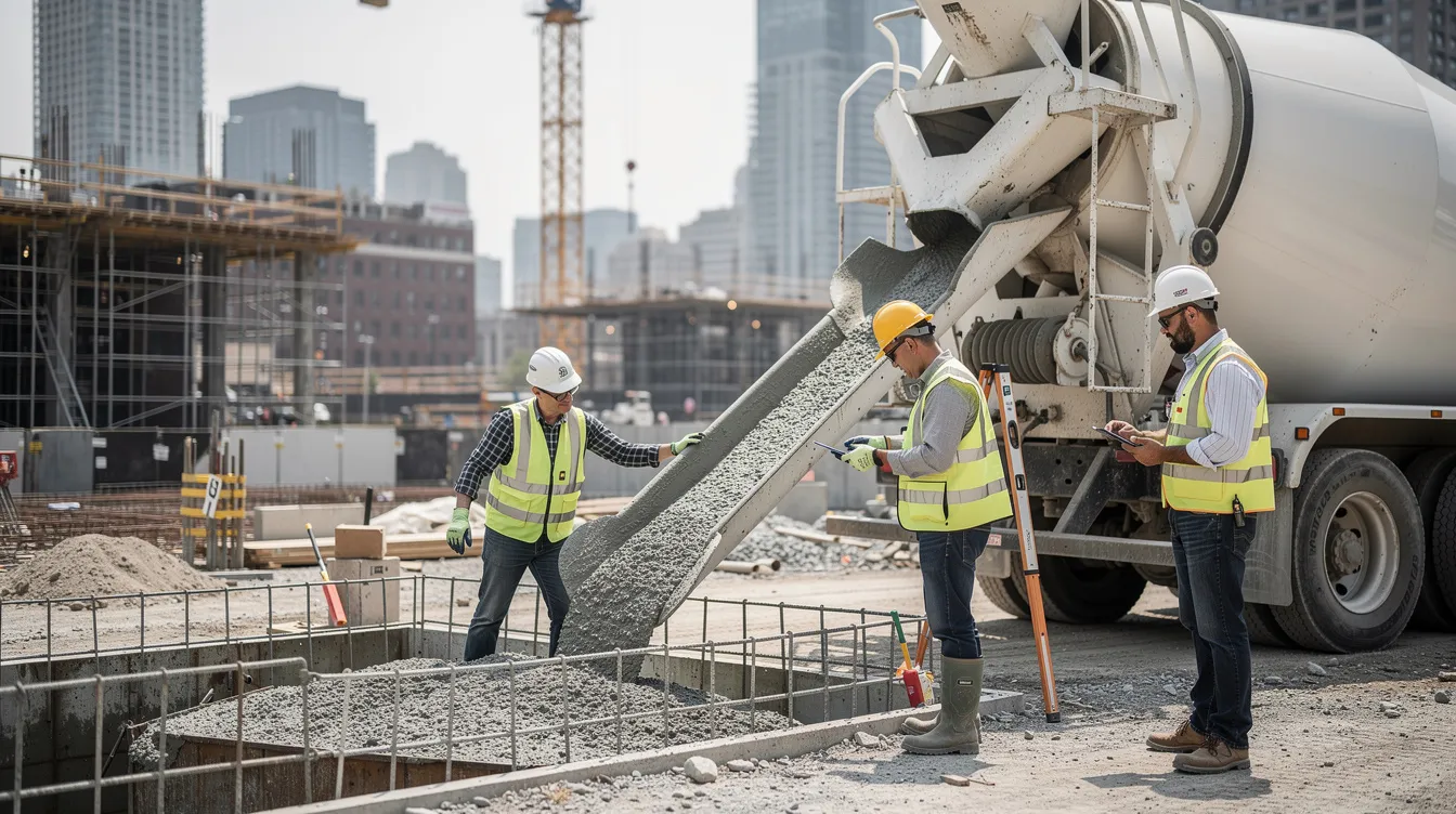 The image depicts a construction site where workers are efficiently managing concrete disposal, showcasing a dump trailer filled with broken concrete and construction debris ready for transport to a recycling facility. This environmentally friendly process emphasizes the importance of recycling concrete and minimizing waste, ensuring that materials are handled responsibly and legally.