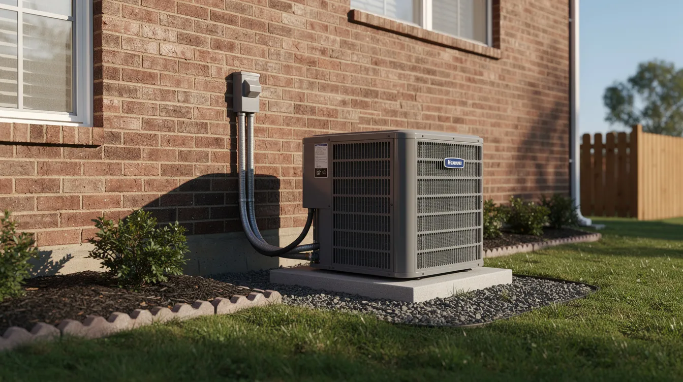 A modern outdoor HVAC condenser unit, designed for home cooling, is installed beside a suburban brick home, ensuring the space remains comfortable during hot weather. This Goodman unit features a sleek design and is properly installed for optimal performance.