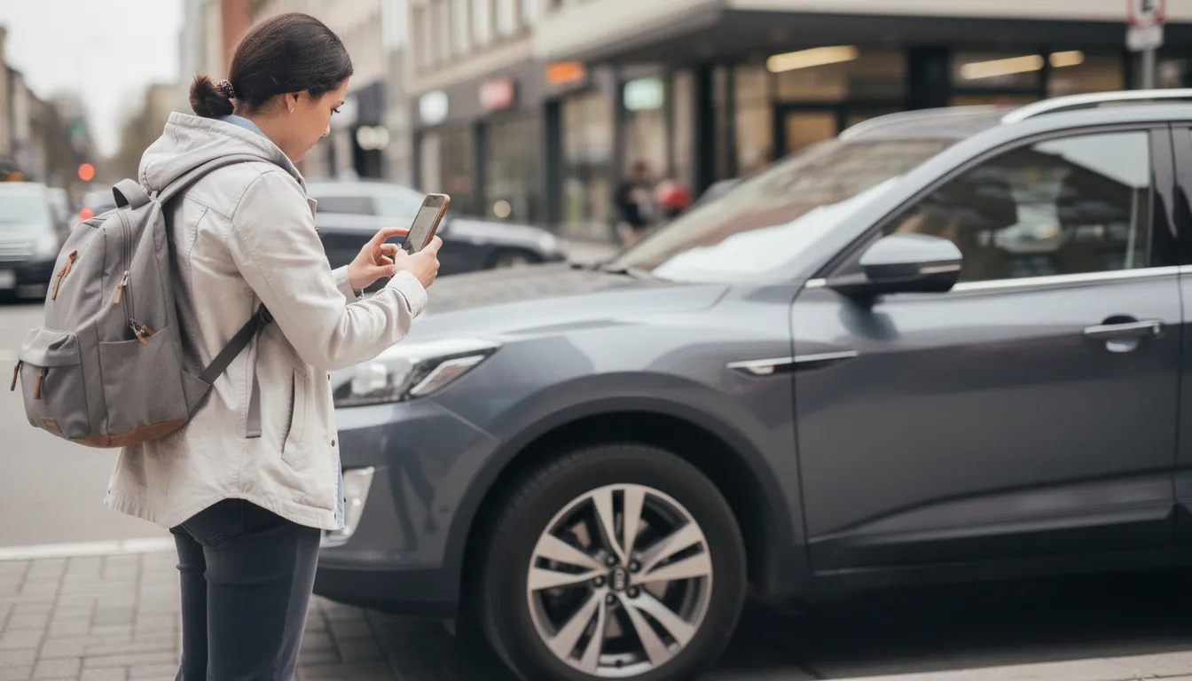 Une personne utilise son smartphone pour photographier l'extérieur d'une voiture de location, probablement dans le cadre d'un processus de restitution ou de vérification de l'état du véhicule. L'image met en avant l'importance du service client et des démarches liées à la location auprès d'une agence, comme Hertz.