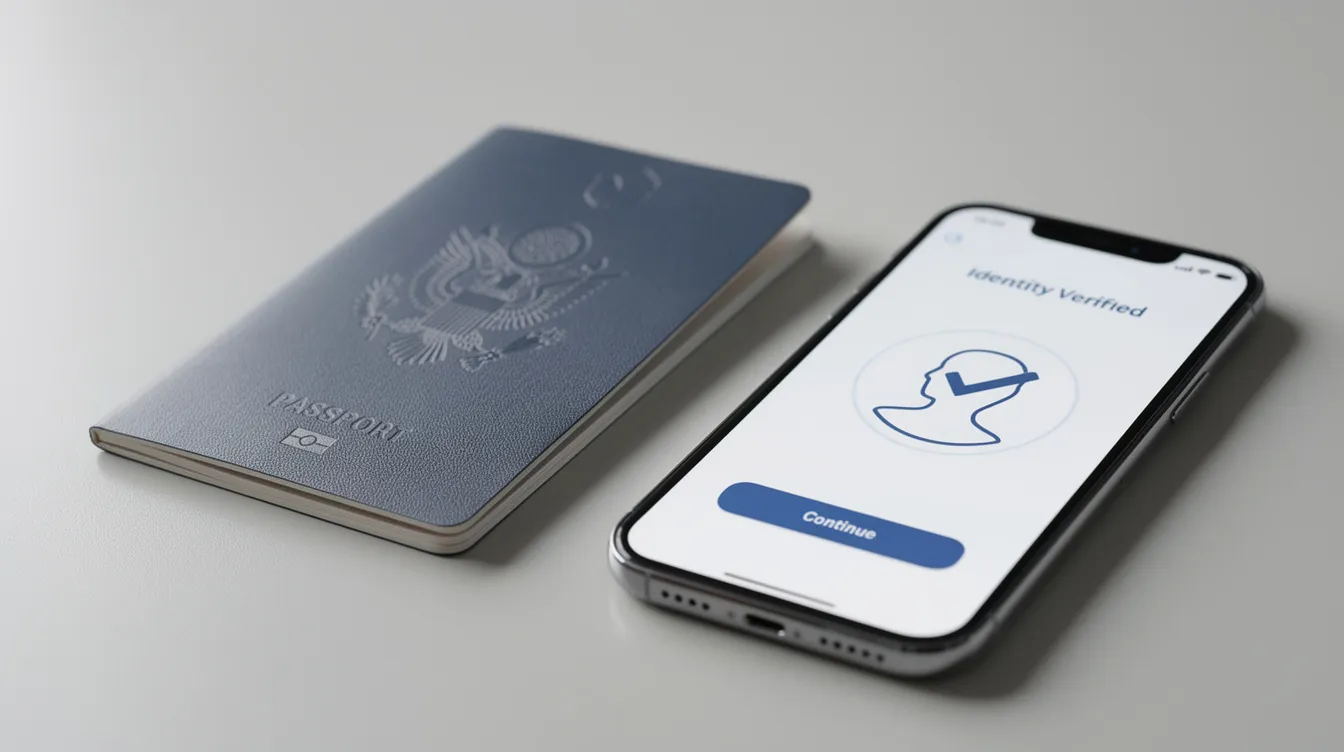 The image shows a passport placed next to a smartphone that displays a verification screen, symbolizing the process of securing a business account. This visual representation highlights the importance of identity verification in accessing financial services, such as those offered by licensed banks like Starling and Wise for international payments and business banking.