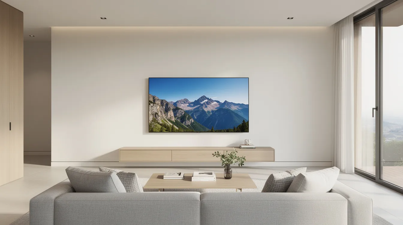 The image depicts a modern living room featuring a wall-mounted TV that displays a clear picture, suggesting a well-installed entertainment system. This setup highlights the importance of professional installation services for optimal signal reception, which can be achieved through accredited installers and proper alignment of the satellite dish.