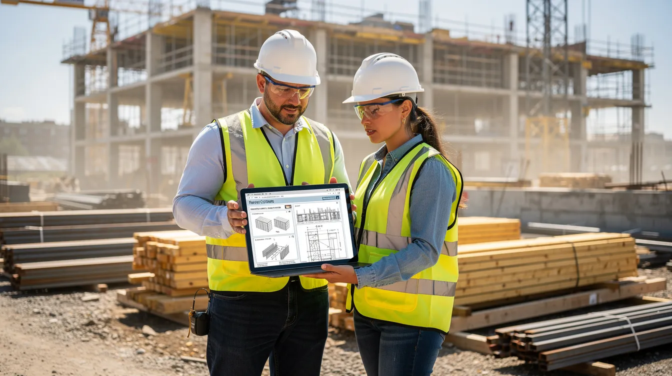 A group of construction professionals is gathered at a job site, intently reviewing building materials on a tablet. This scene highlights the integration of technology in the construction industry, emphasizing the importance of informed decision-making for construction companies and manufacturing companies alike.
