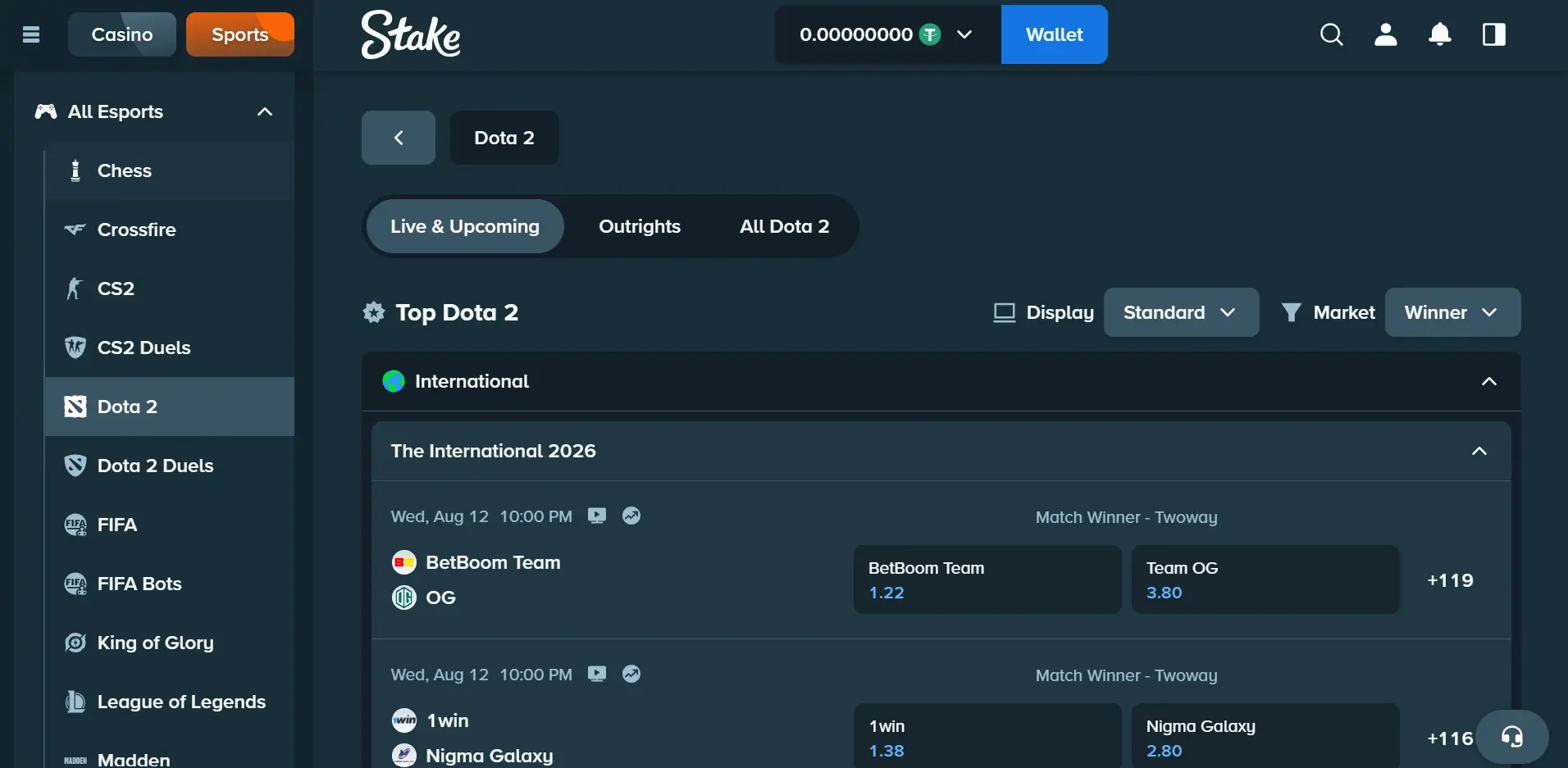 A desktop view screenshot of Stake's Dota 2 betting page.