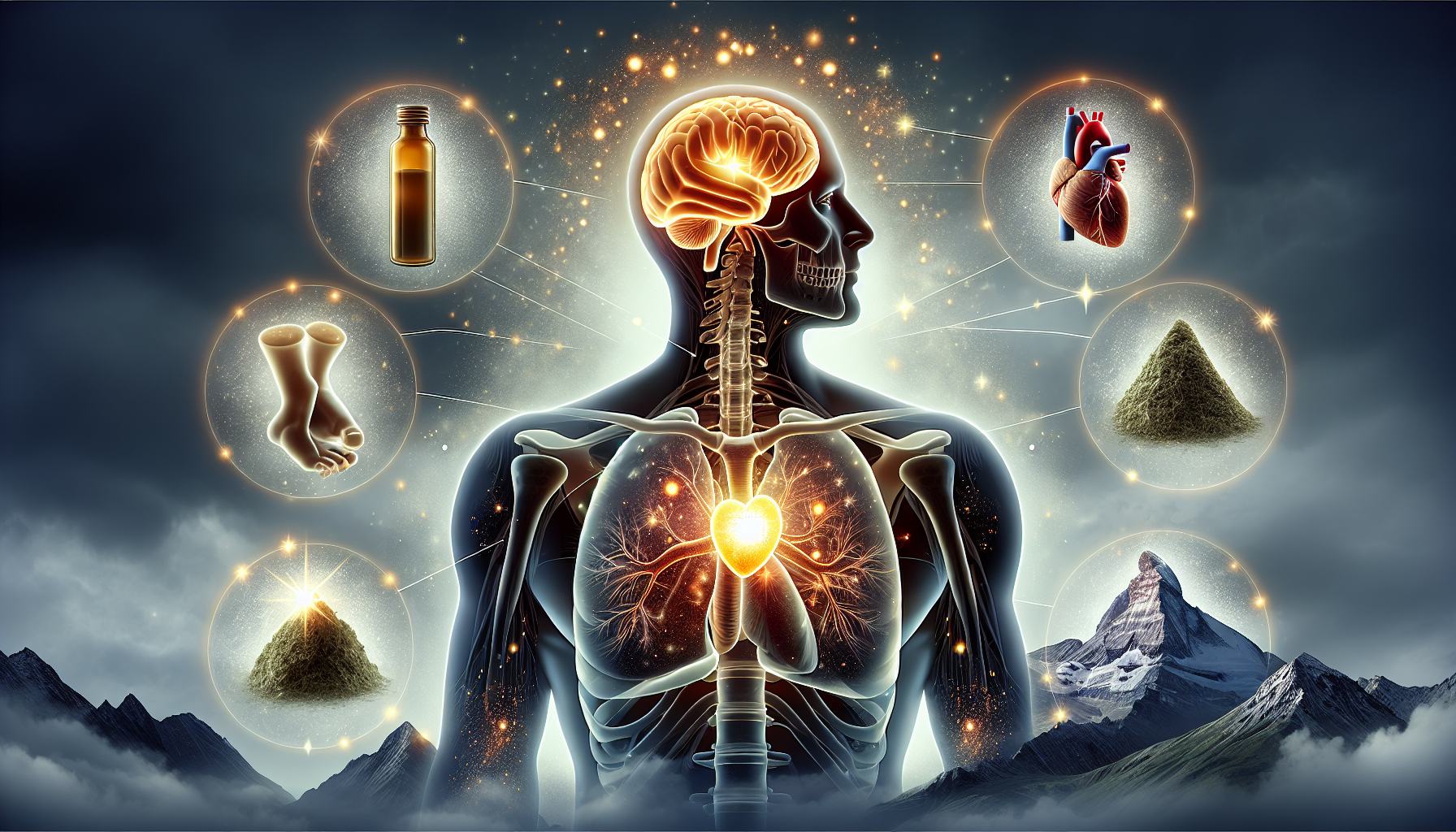 Illustration of various health benefits with shilajit in the background