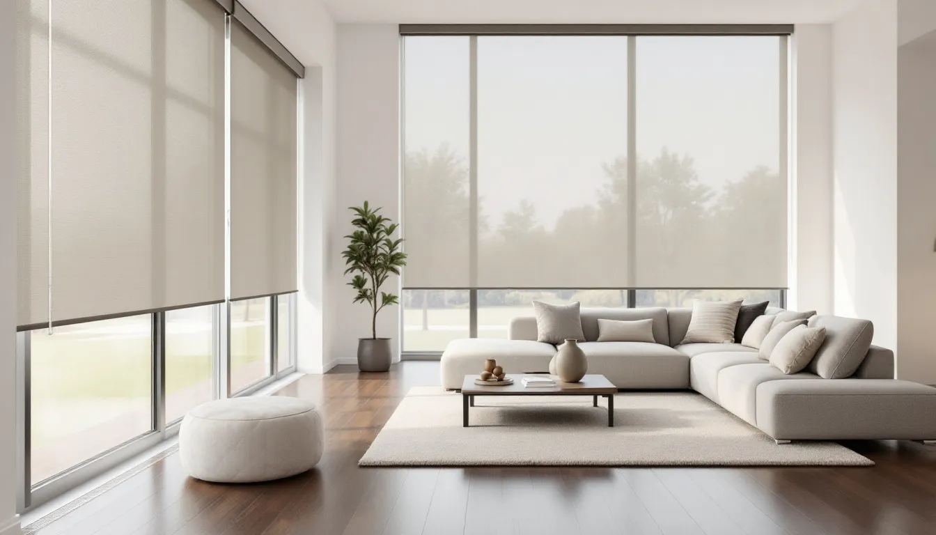 A stylish living room showcasing roller window shades.