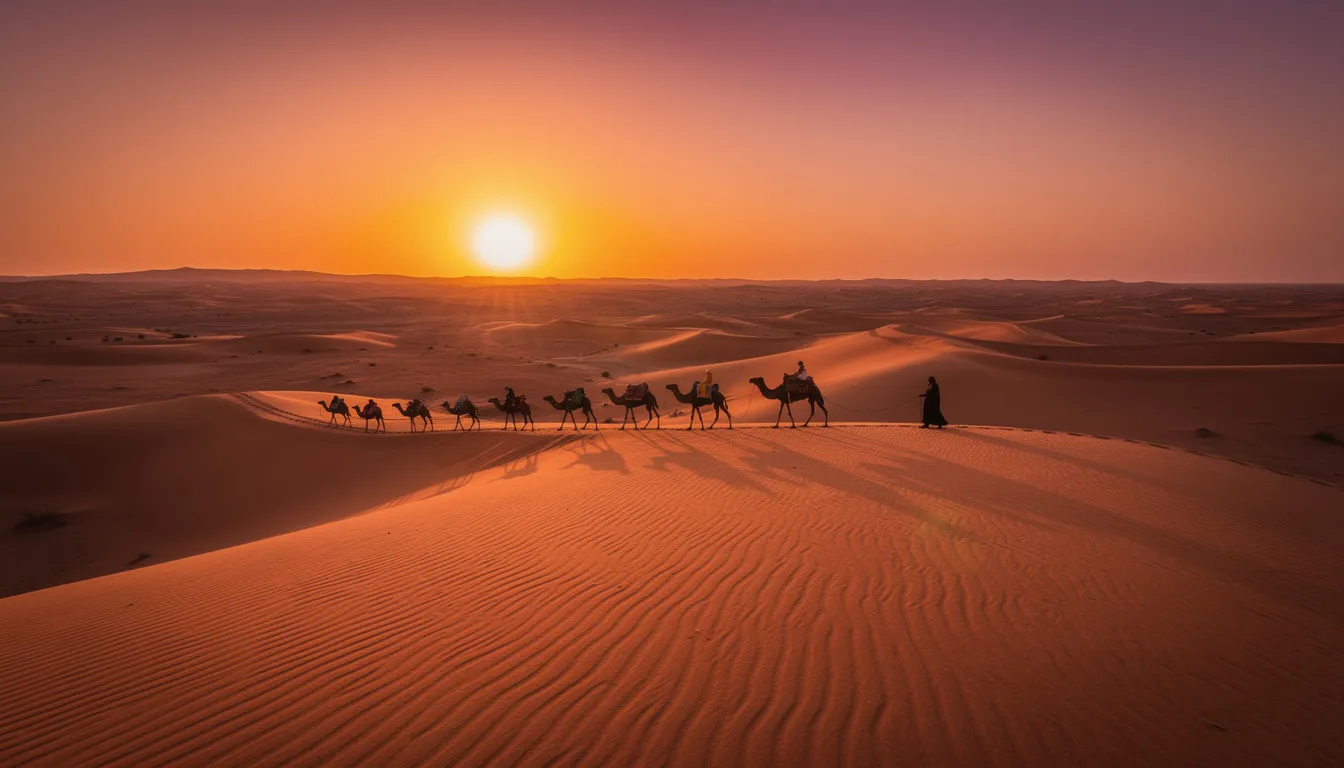 The image depicts a stunning sunset over the vast sand dunes of the Sahara Desert, with silhouettes of camels gracefully outlined against the vibrant sky. This picturesque scene captures the serene beauty of Morocco, a country where the official currency is the Moroccan dirham, often used in local markets and tourist areas.