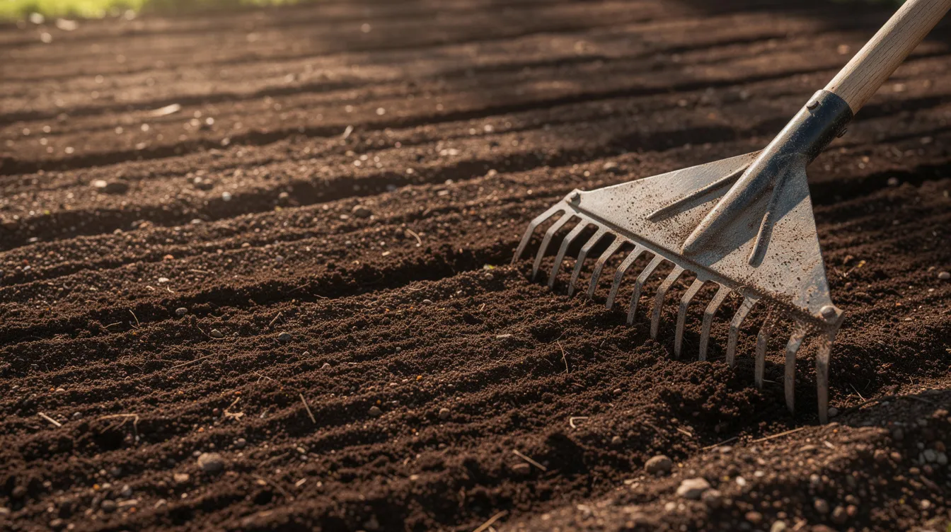 The image shows freshly raked garden soil with a rake lying beside it, creating an ideal surface for sowing lawn seed. This prepared ground is ready for planting, promising a lush and attractive outdoor space for many homeowners.