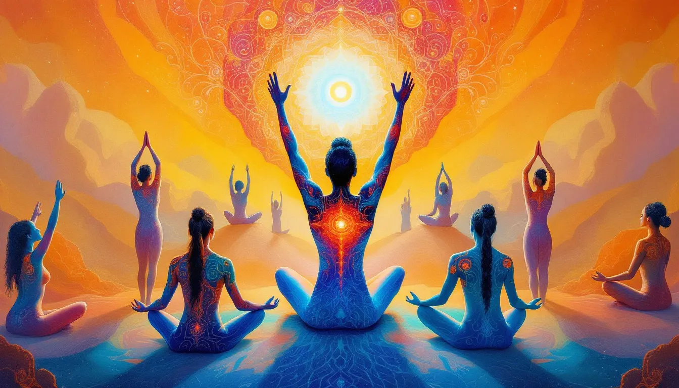Eine Gruppe von Menschen, die Kundalini Yoga praktizieren und ihre Energie aktivieren.