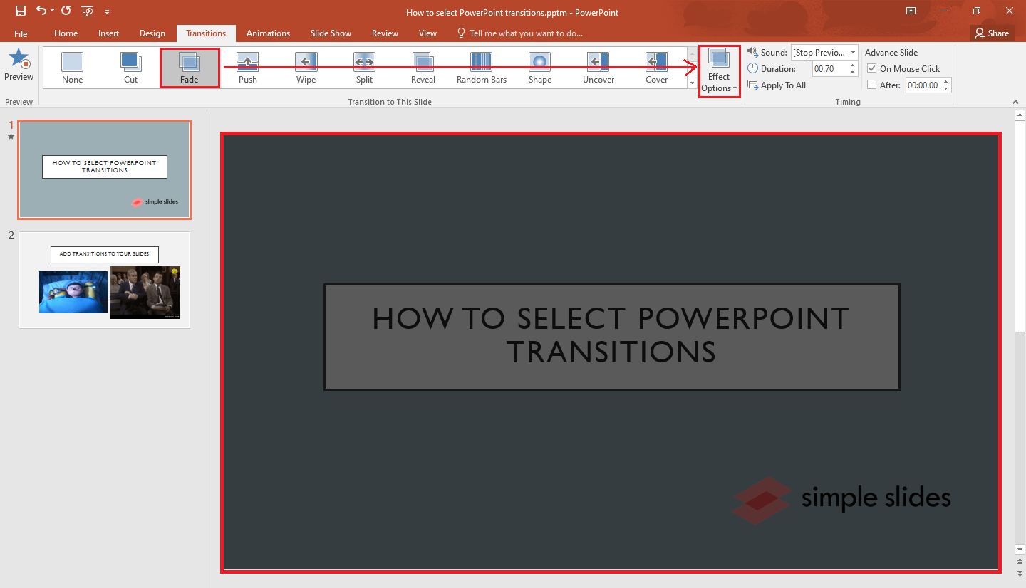 After you select a slide transition effect, a preview will play to your presentation then click "effect options"