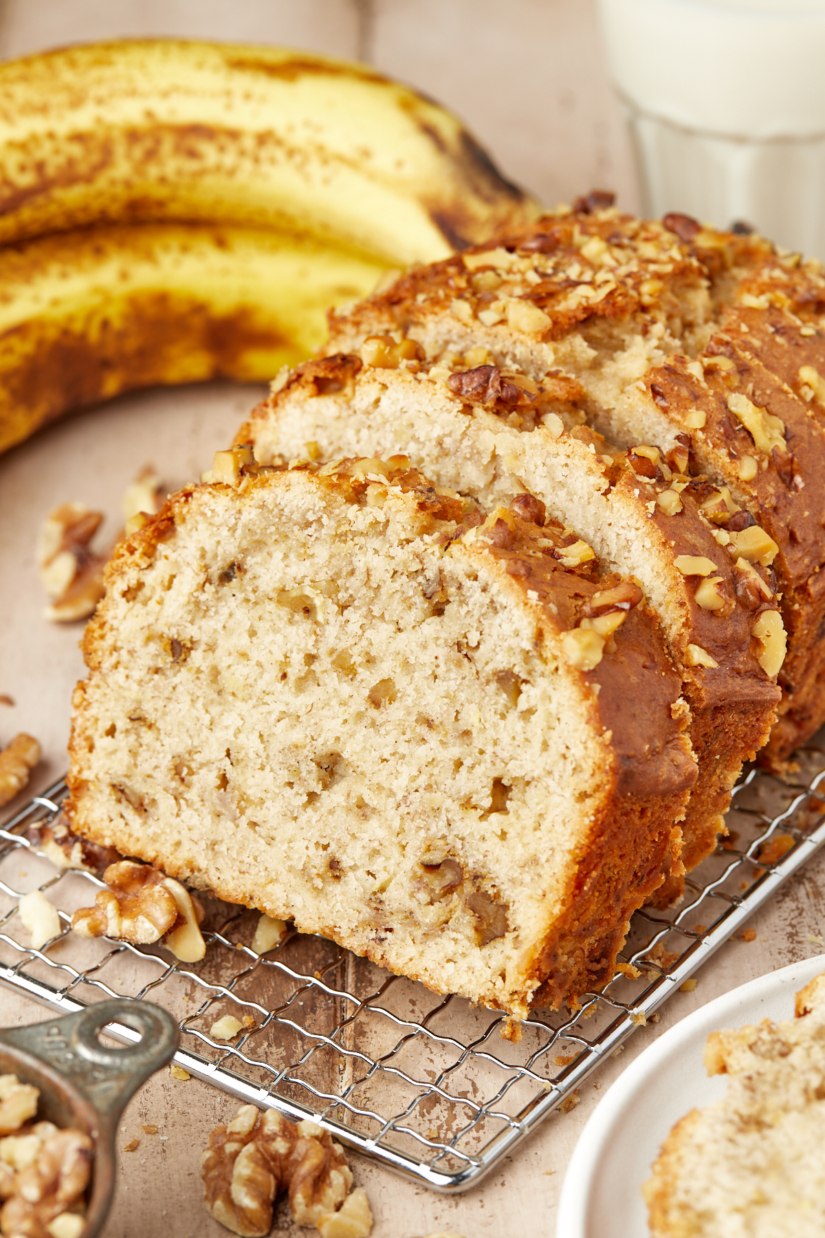 sliced banana nut bread on a wire rack