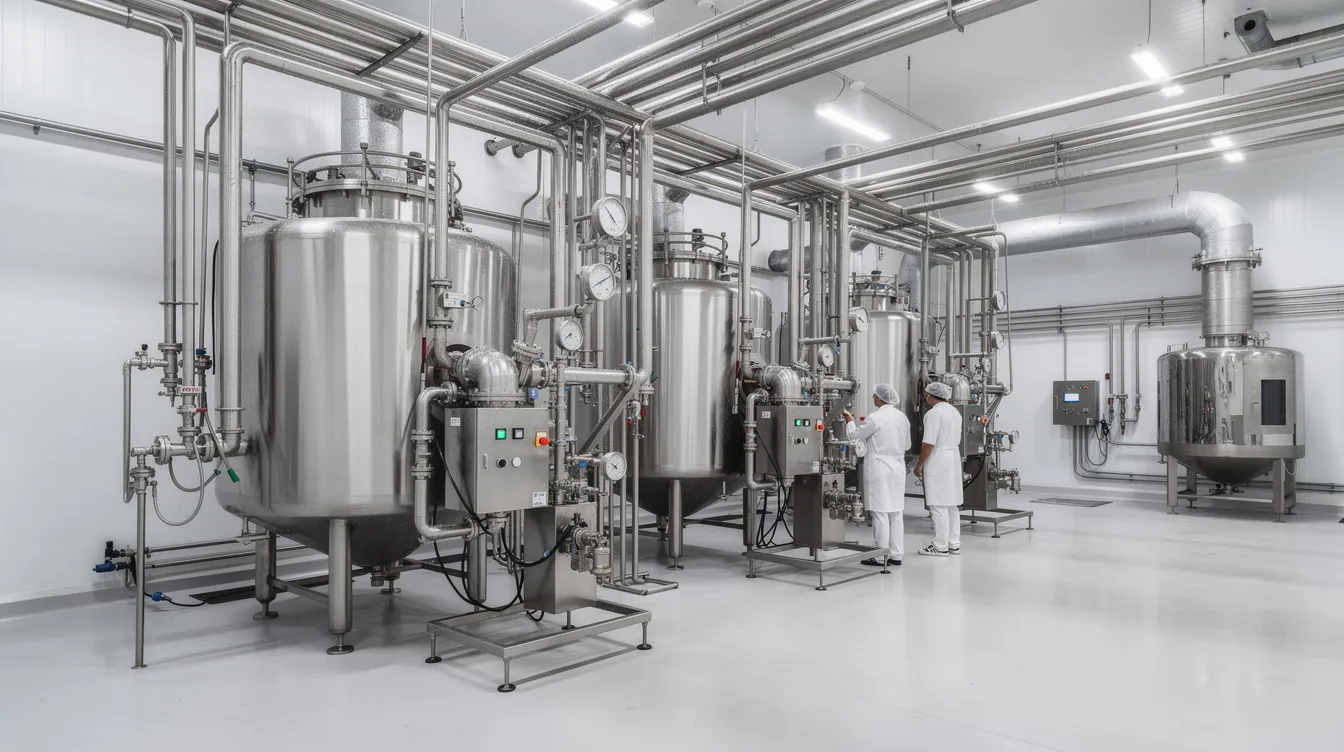3f8b9801 6bd8 4e0f ae17 f8f99a26335b The image depicts an industrial dairy processing plant featuring large stainless steel equipment and extensive piping systems, essential for the manufacturing of whey protein powder. The facility is designed to optimize processes such as whey protein concentrate production, ensuring compliance with key regulatory procedures while managing operating expenses and infrastructure costs.