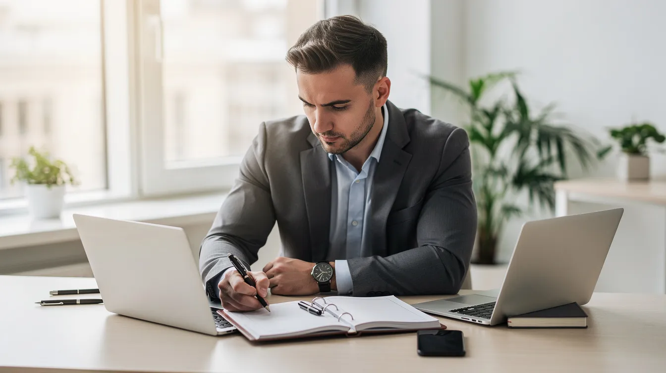Un manager concentré est assis devant un bureau bien organisé, avec un agenda ouvert et un ordinateur portable, dans un espace de travail lumineux. Cette image illustre la gestion du temps et l'organisation des tâches, essentielles pour atteindre ses objectifs professionnels.