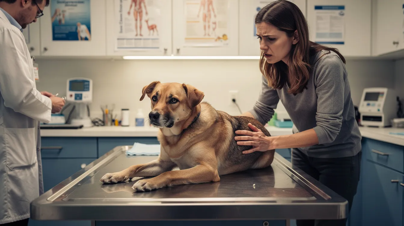 A concerned owner watches as their dog rests on a veterinary exam table, potentially suffering from acute pancreatitis, which can cause severe symptoms like abdominal pain and vomiting. The scene highlights the importance of prompt veterinary care for diagnosing pancreatitis in dogs and ensuring their health and recovery.