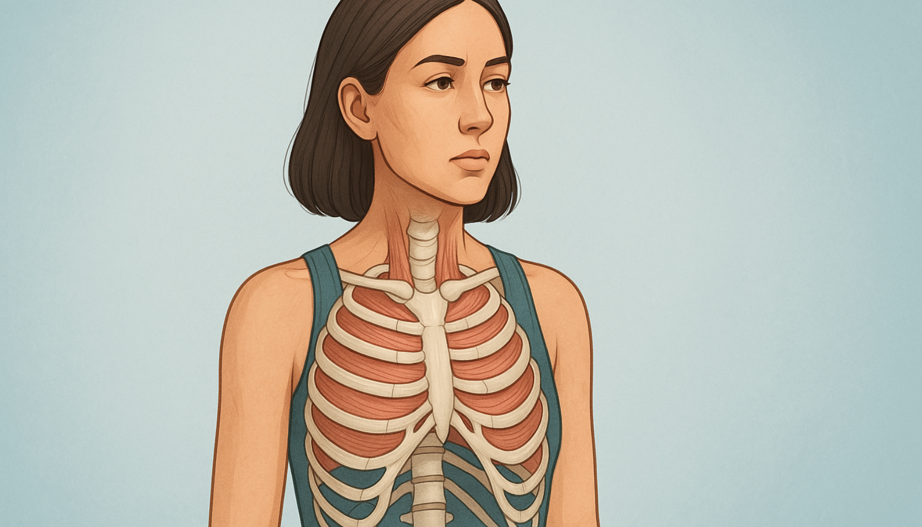 Illustrasjon viser kvinnens brystkasse med synlige interkostalmuskler som støtter pust og bevegelse mellom ribbeina.