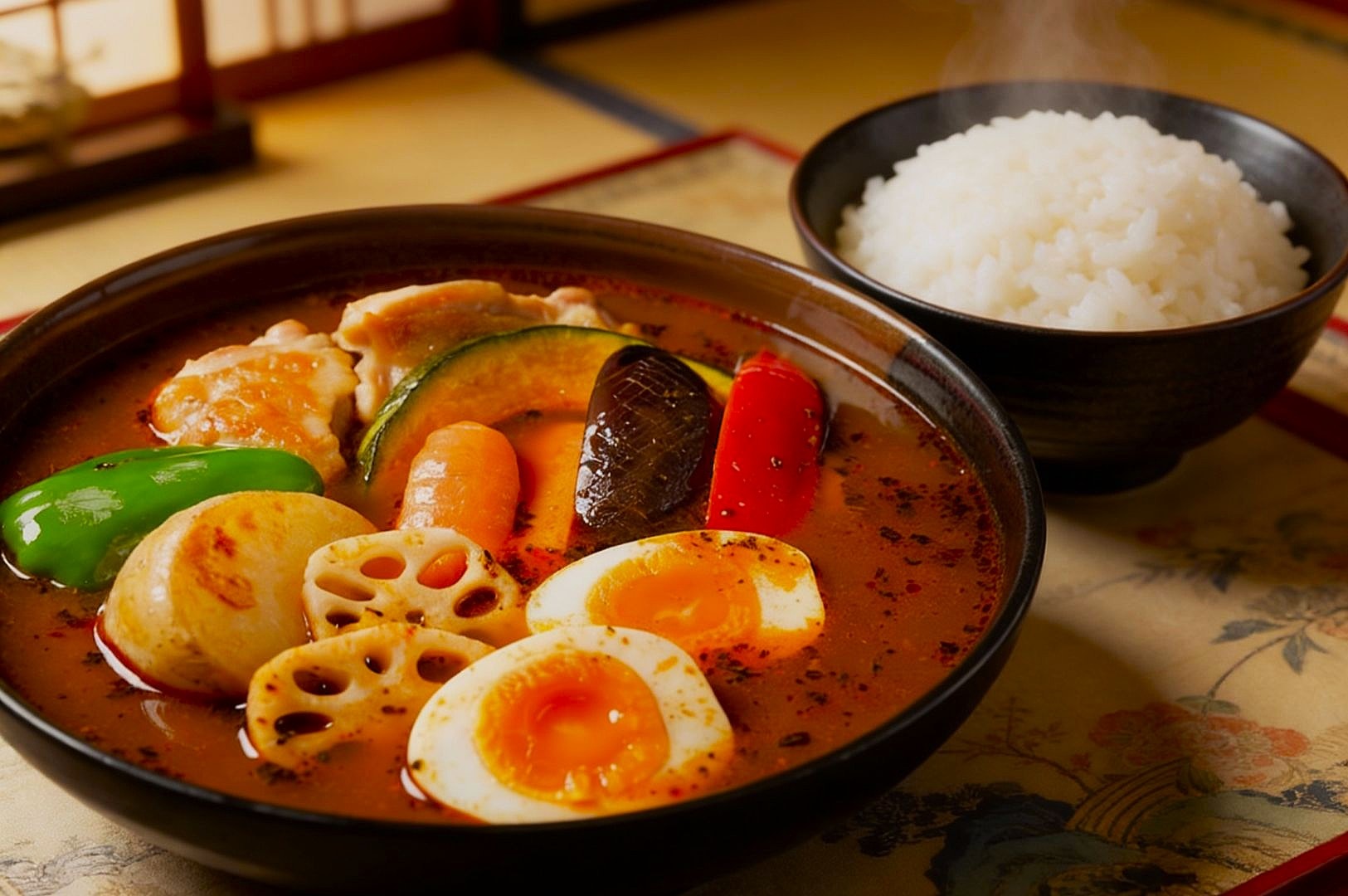A bowl of vibrant soup curry with colorful vegetables, boiled egg, and chicken, paired with steaming white rice. Warm, cozy dining setting.