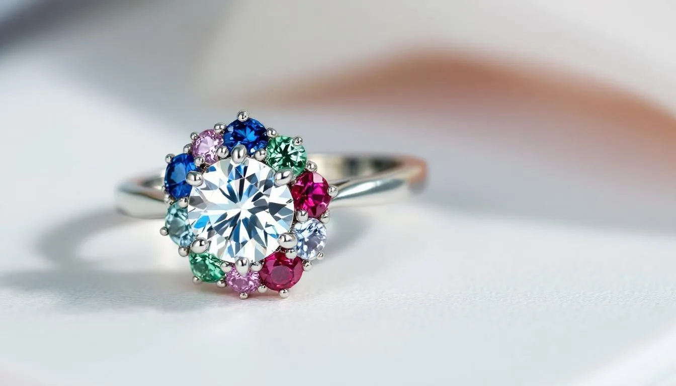 The image showcases a selection of sterling silver engagement rings featuring various gemstones, including cubic zirconia and colored options like blue sapphires and green emeralds. Each ring is designed with a timeless appeal, highlighting different stone shapes such as round and oval, making them perfect meaningful gifts for women.