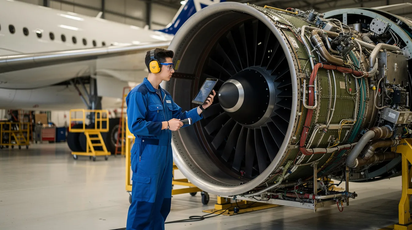 An apprentice technician is inspecting an aircraft engine in a hangar, demonstrating hands-on experience as part of their aviation maintenance apprenticeship program. The technician is focused on ensuring the engine's systems are functioning properly, a crucial aspect of their training to become a certified aircraft mechanic.