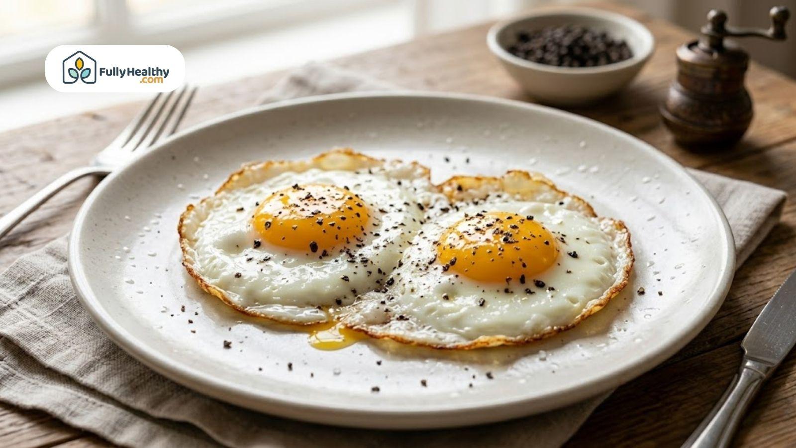 Fried eggs seasoned with ground black pepper on a plate.