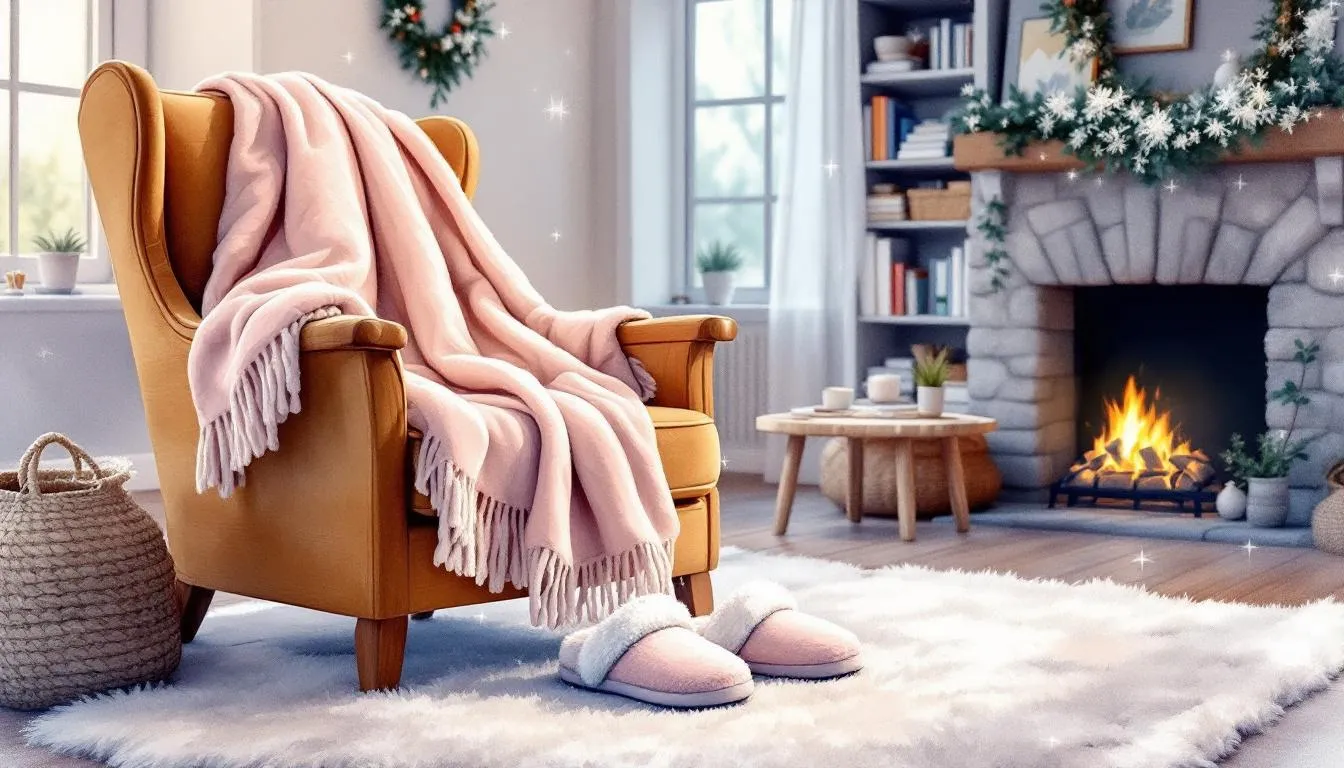 Cozy essentials for a warm winter night including a blanket and slippers.