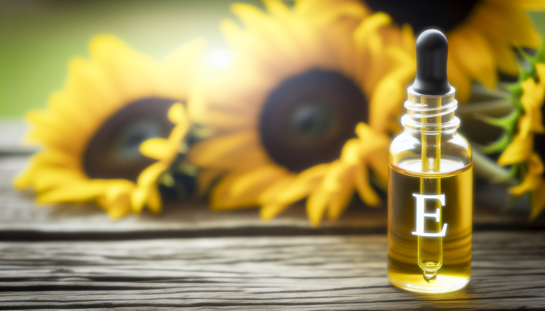 Bottle of Vitamin E oil and sunflowers